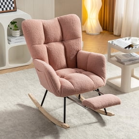 FFZ 37"L Teddy Fabric Rocking Chair with Adjustable Footrest and Storage Pocket, Pink
