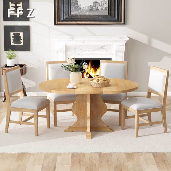 FFZ Farmhouse 5-Piece Dining Set – Extendable Wood Table with 4 Upholstered Chairs (Natural Wood Wash/Brown)