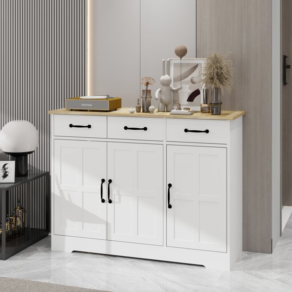 FFZ Farmhouse Buffet Cabinet Storage Sideboard 3 Drawers 3 Doors Dining Living Room Kitchen White