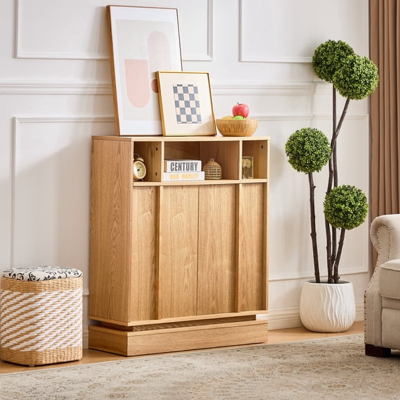 FFZ Farmhouse Fluted Sideboard Buffet Cabinet with 2 Doors, Adjustable Shelf, 31.7x11.9x37.2, Natural Wood