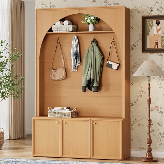 FFZ Farmhouse Hall Tree with Adjustable Shelves, Retro Arched Entryway Storage Bench with 3 Cabinets, Natural