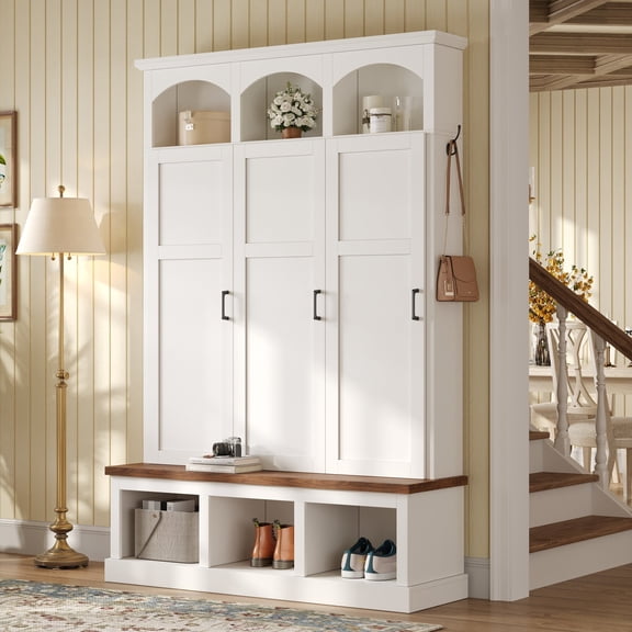 FFZ Farmhouse Hall Tree with Arched Design, Walnut Bench and 5 Hooks, White