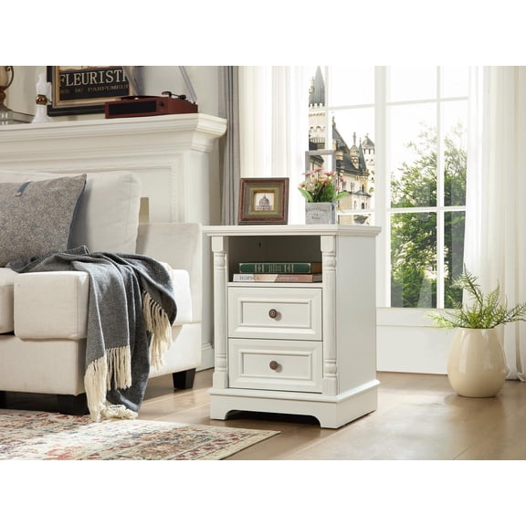 FFZ Farmhouse 2 Drawer Sofa Side Table With Charging Pedestal Vintage Wood Square Nightstand Chest