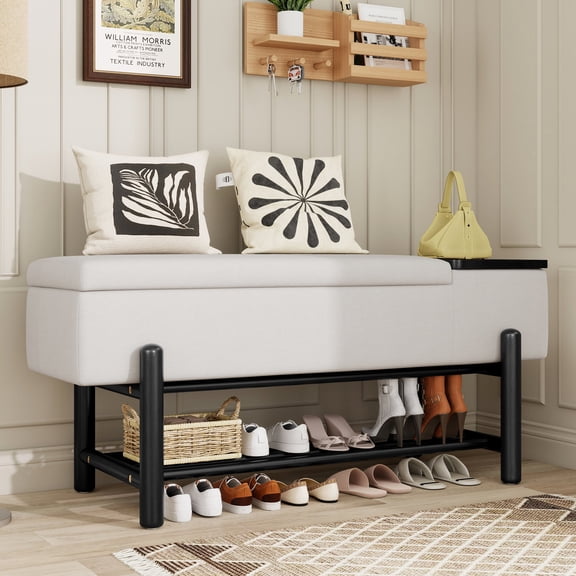FFZ 47"L Farmhouse Storage Bench with Hidden Compartment and Shoe Rack, Black