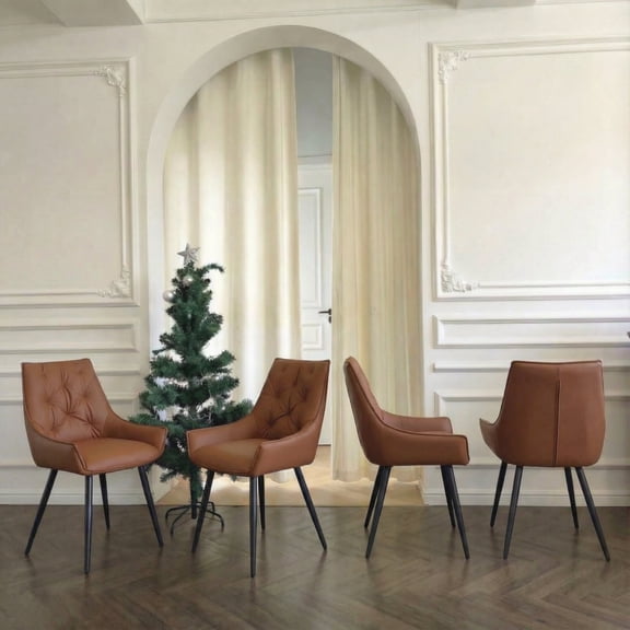 FFZ Set of 4 Camel PU Leather Dining Chairs with Button-Tufted Backrest and Gold Mesh Texture Legs, Camel