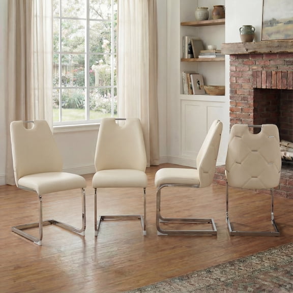 FFZ Set of 4 PU Leather Dining Chairs with Arched Backrest, Gold Mesh Texture, Silver Ring, Off White