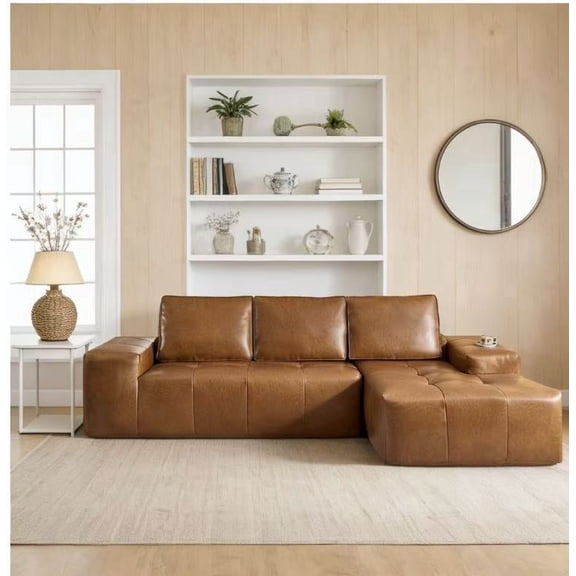 FFZ 114.17" L-Shaped Modular Sectional Sofa with Boneless Cloud Design, Deep Seat, Faux Leather, No, Brown