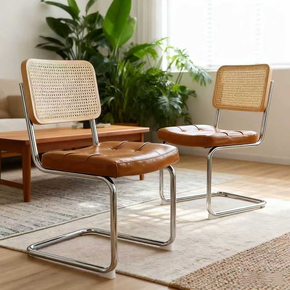 FFZ Set of 2 Faux Leather Rattan Dining Chairs with Chrome Legs, Mid-Century Modern Design, Brown
