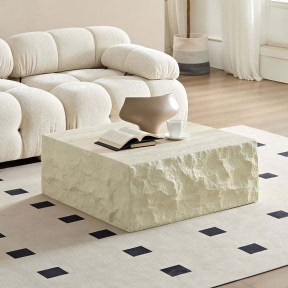 FFZ 35.43 inch Square Fiberglass Coffee Table with Imitation Stone Finish, 35.43 x 35.43 x 12.2 inch, Beige