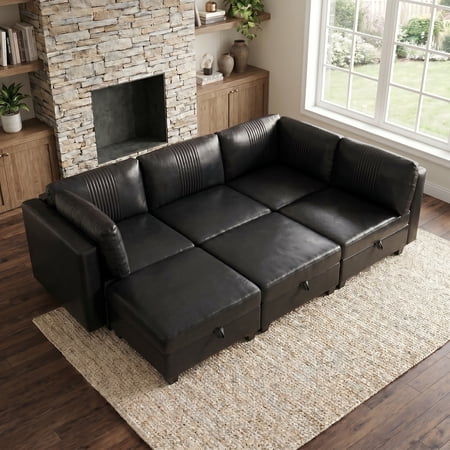 FFZ Flexible PU Modular Sofa with Storage and Sleeper Function, 6 Seats, Black