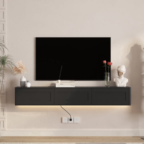 FFZ Floating Wall Mounted TV Stand with LED Lights and Power Outlet, 68.9 x 11.81 x 10.63 inch, Black