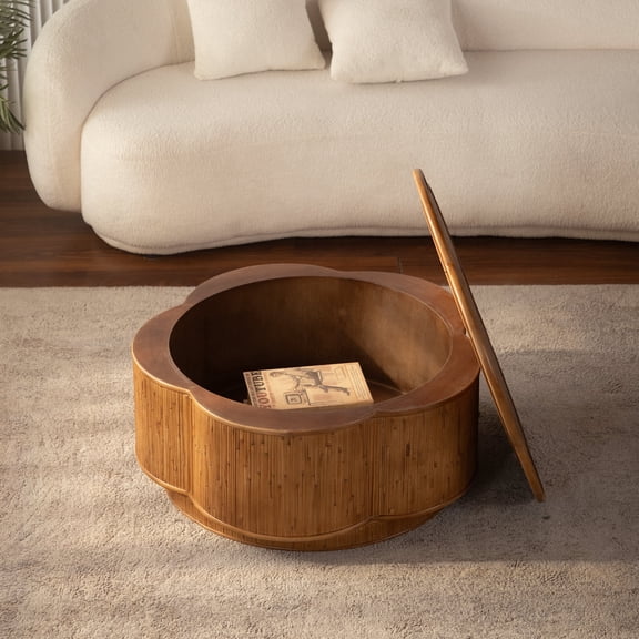 FFZ Flower-Shaped Rattan Coffee Table with Lift-Off Lid Storage, MDF and Wood+Rattan, Natural Wood
