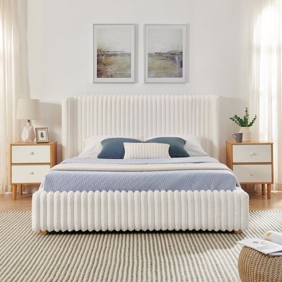 FFZ Fluffy Vertical Striped Upholstered Queen Bed with Gas Lift Storage