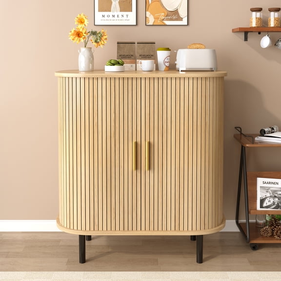 FFZ Fluted Wine Bar Cabinet with 8-Grid Wine Rack and Adjustable Shelves, Natural