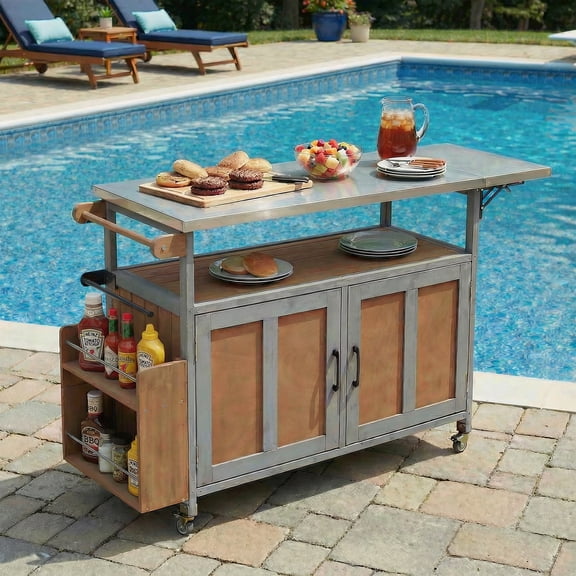 FFZ Foldable Outdoor Kitchen Island Patio Mobile Kitchen Cart Portable Outdoor Cooking Island With Lockable Wheels, Espresso+Grey