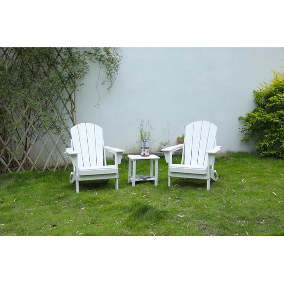 FFZ Folding Adirondack Chair Set with Side Table, 3-Piece HDPE Set, White