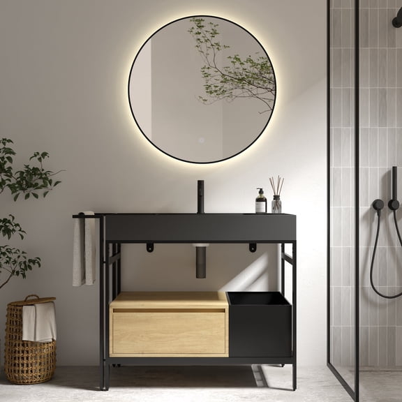FFZ 36 inch Industrial Style Modular Bathroom Vanity with Artificial Stone Basin and Metal Frame, Black