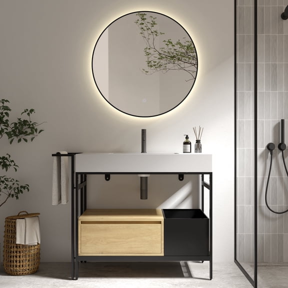 FFZ 36 inch Industrial Modular Bathroom Vanity with Artificial Stone Basin and Metal Frame, Soft-Close, Oak