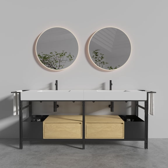 FFZ 72 inch Industrial Modular Bathroom Vanity with Metal Frame and Artificial Stone Basin, 71.71 x, Oak