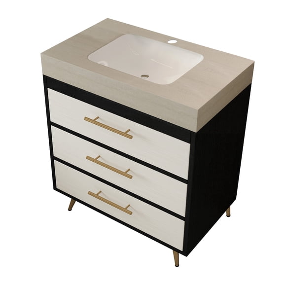 FFZ Modern Free-Standing Bathroom Vanity with Ceramic Vessel Sink and Sintered Stone Top, Black