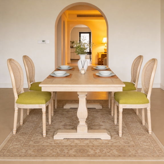 FFZ French Country Dining Chairs Set of 2 with Rattan Round Back, Solid Wood Frame, for Living Room, Green