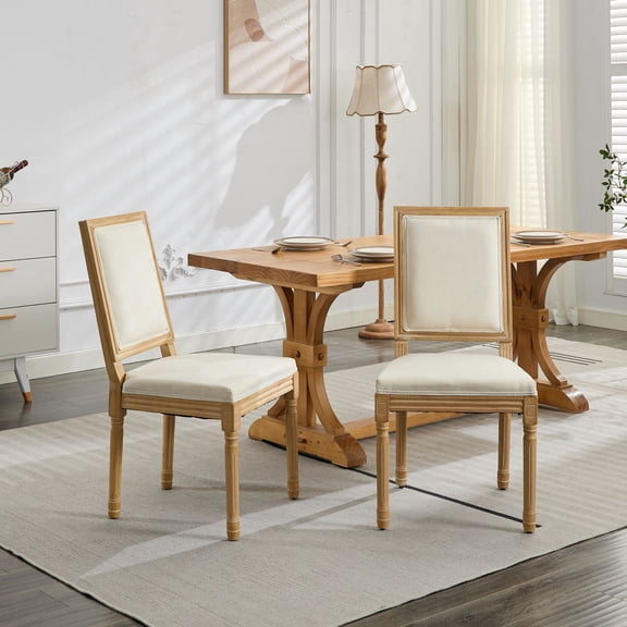 FFZ French Decor Dining Chairs Set of 2 with Square Backrest and Carved Solid Wood Frame, Beige