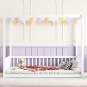 FFZ Full Size Rubber Wood Canopy Bed with Fence Guardrails, 77.2 x 56.5 x 58.3 inch, White
