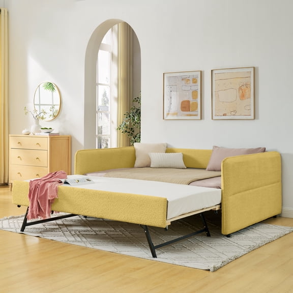 FFZ Full Size Boucle Daybed with Pop-Up Trundle and Vertical Stripe Backrest, Yellow
