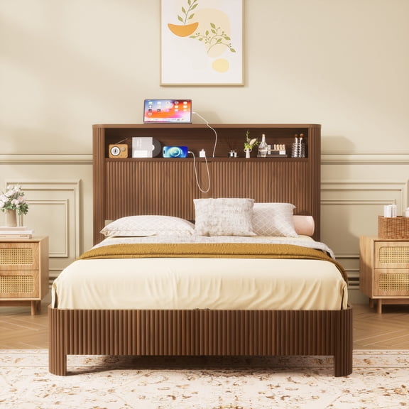 FFZ Full XL Storage Bed Frame with Wave Curved Headboard and Charging Station, 84.6 x 61.8 x 47.2 inch, Walnut