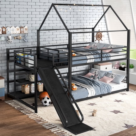 FFZ Full Metal House Bunk Bed with Storage Stairs, Slide and Safety Rails, 76.7 x 56.6 x 91.9 inch, Black