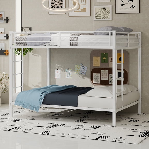 FFZ Full Over Full Bunk Bed with Guardrails and Ladders, Robust Iron Frame, White