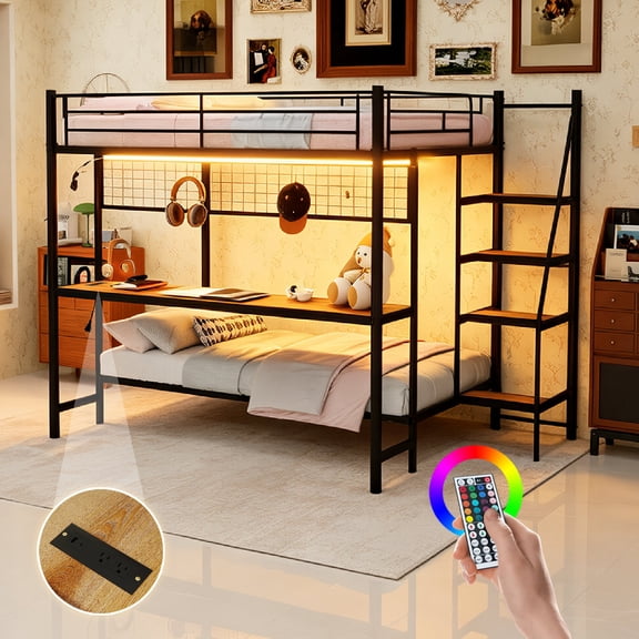 FFZ Full Over Twin Metal Bunk Bed with Built-In Desk and LED Lighting, Antique Black