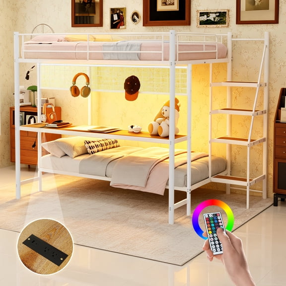 FFZ Full Over Twin Metal Bunk Bed with Built-In Desk and LED Lighting, Space-Saving Loft, Ancient White
