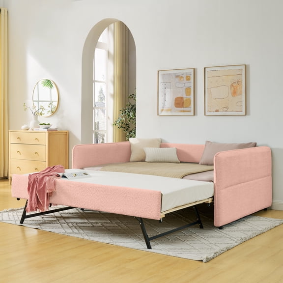 FFZ Full Size Boucle Daybed with Pop-Up Trundle and Vertical Stripe Backrest, 83 x 58.5 x 29.5 inch, Pink