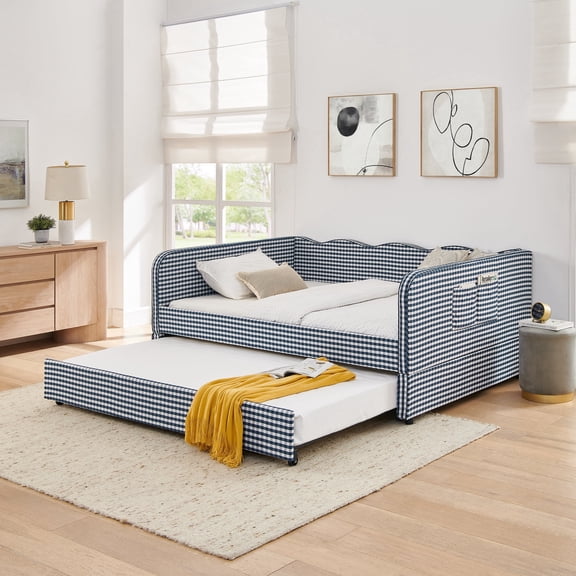 FFZ Full-Size Daybed with Pull-Out Trundle, 3-in-1 Convertible Sofa Bed and Side Storage Pockets, Dark Blue
