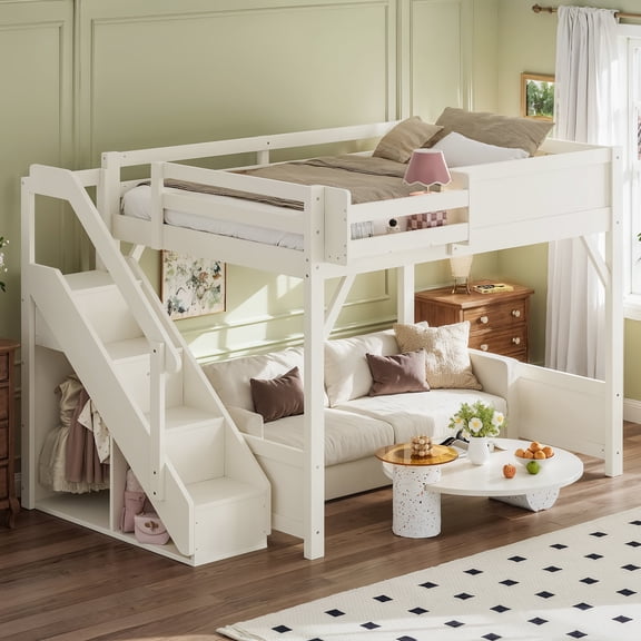 FFZ Full Size Loft Bed with Wardrobe, Storage, and Stairs, Solid Wood, No Box Spring Needed, Beige