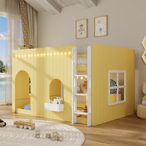 FFZ Full Size Loft Bed with Warm LED Light String, Country House Design, Yellow
