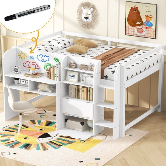 FFZ Full Size Low Loft Bed with Built-in Desk, Storage Cabinets and Whiteboard, 77.7 x 71.1 x 44.9 inch, White