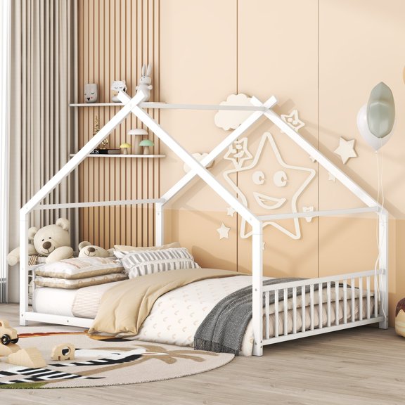 FFZ Full Size Metal House Bed with Roof Playhouse and Sturdy Frame, 77.6 x 55.5 x 57.1 inch, White