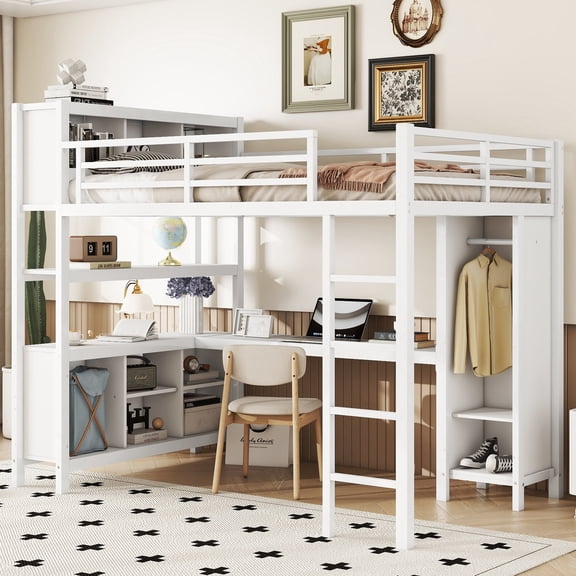 FFZ Full Size Metal Loft Bed with Wardrobe, L-Shaped Desk and Storage Cubes, 88.6 x 55.9 x 75.4 inch, White