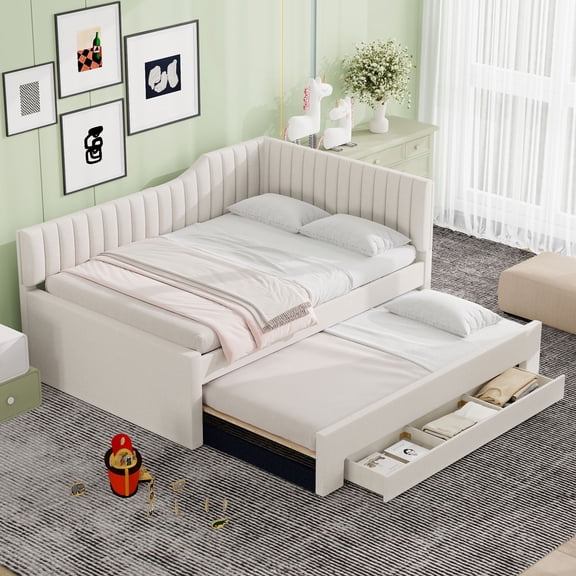 FFZ Full Size Upholstered Daybed with Trundle and 3 Drawers, 80 x 56 x 38 inch, Beige