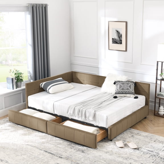 FFZ Full Size Upholstered Tufted Daybed with Storage and Armrests, Velvet, Brown