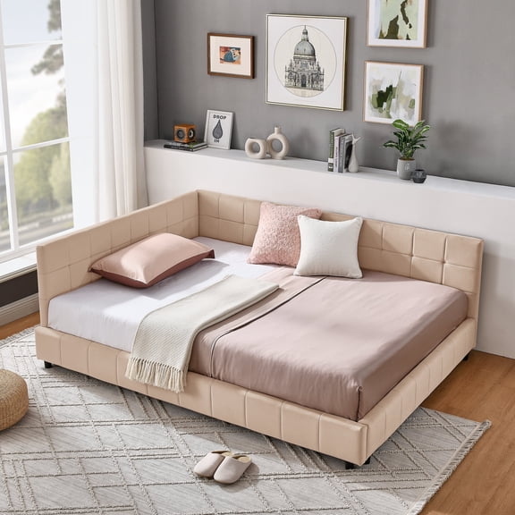FFZ Full Size Upholstered Tufted Daybed with Velvet Fabric and Armrests, Pink