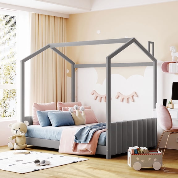 FFZ Full Size Velvet House Bed with Playhouse Roof and Pine Frame, 80.3 x 56.1 x 75 inch, Gray