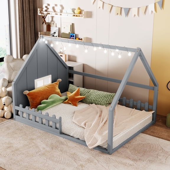 FFZ Full Size Wood House Bed with Fence and Window, 77.1 x 56.8 x 53.9 inch, Gray