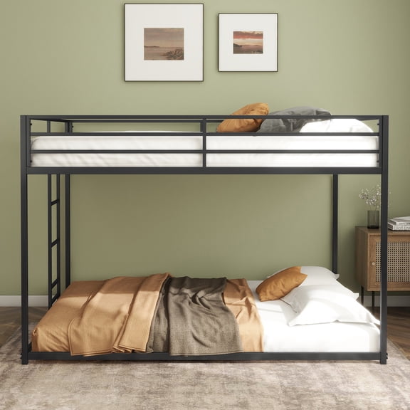 FFZ Full over Full Metal Bunk Bed with Ladder and Guardrails, 76.69 x 55.91 x 54.09 inch, Black