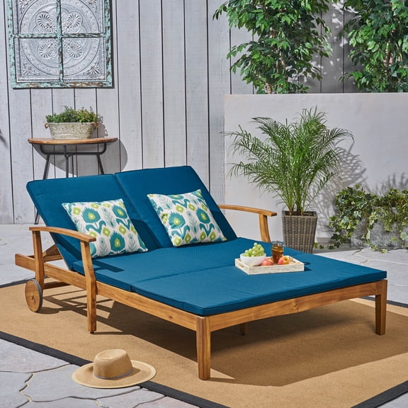 FFZ Perla Double Chaise Lounge with Acacia Wood Frame and Adjustable Sides, 79 x 55 x 22 inch, Teak