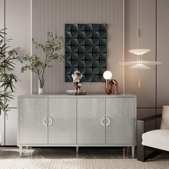 FFZ 4-Door Storage Cabinet with Pine Legs and MDF, 59.84 x 15.75 x 32.48 inch, Champagne
