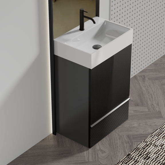 FFZ 20 inch Striped Matt Black Freestanding Bathroom Vanity with Ceramic Sink and Hidden Handle, Black