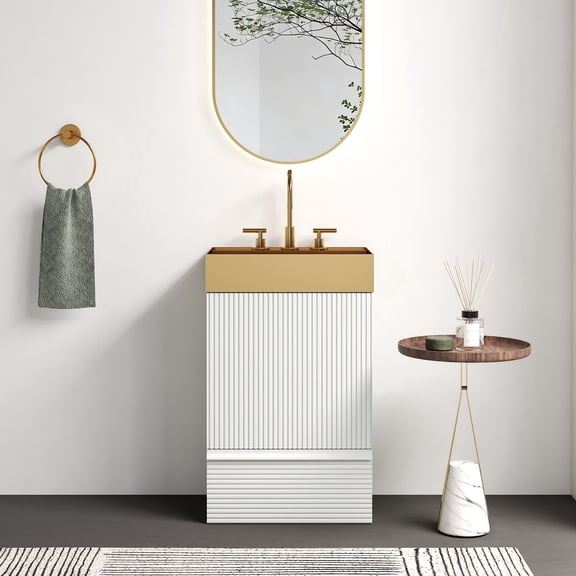 FFZ 20" Striped Velvet Bathroom Vanity with Brushed Gold Vessel Sink, Freestanding Cabinet, Matte White